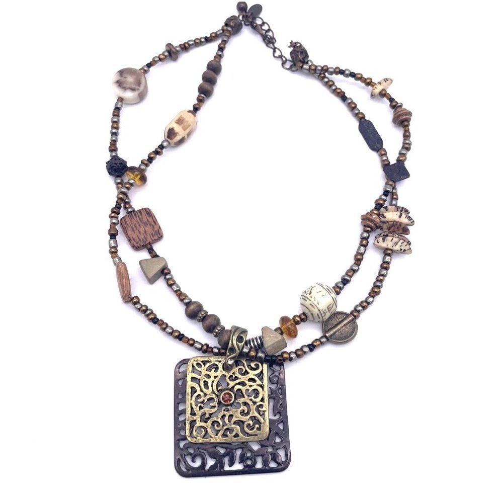Laura Ashley 2-Stand Beaded Rhinestone Pendant Square Necklace 2-Tone 17-19 28$
